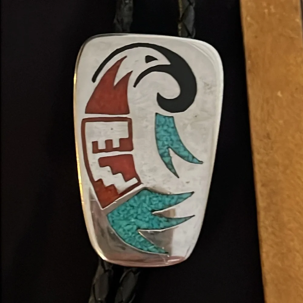 Unsigned silver tone turquoise & coral western bolo tie